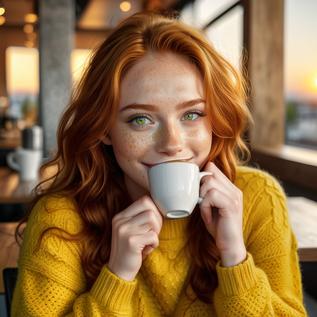 Cute beautiful ginger woman with freckles with yellow sweater (Drinking coffee in a modern café at sunset), muito detalhado, 19 years old, innocent face, naturally wavy hair, green eyes, high-res, ​masterpiece, best qulaity, Intricate detailing, muito detalhado, sharp focus, detailed skin, realistie Hauttextur, Textur, detailled eyes, professional, 4K, charming smile, taken with Canon, 85 mm, light depth of field, Kodak Vision Color, perfectly fitting body, extremely detail, photoshot_\(ultra\), fotorealisti, realisti, Post processing, maximum details, roughness, real life, ultrarealisti, photoshotrealismus, photoshotgrafie, 8K UHD, photoshotgrafie