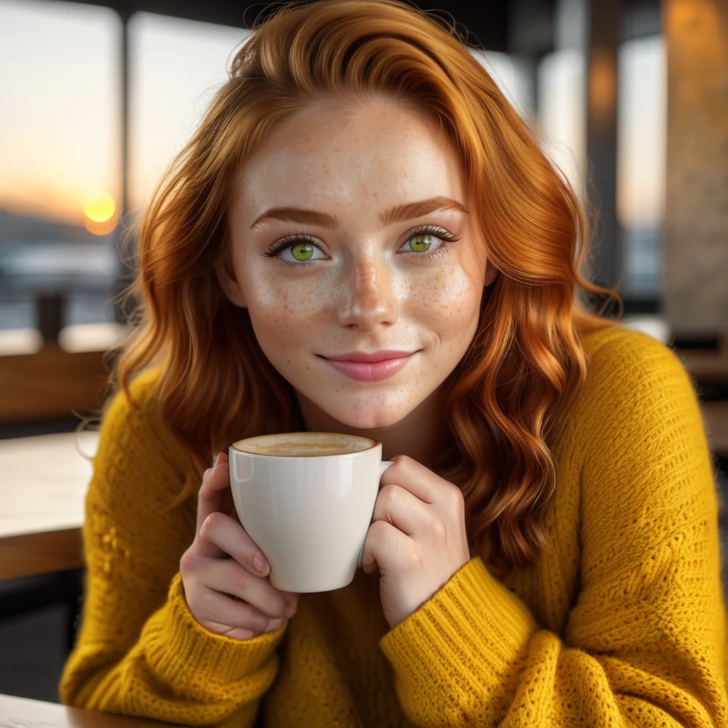 Cute beautiful ginger woman with freckles with yellow sweater (Drinking coffee in a modern café at sunset), muito detalhado, 19 years old, innocent face, naturally wavy hair, green eyes, high-res, ​masterpiece, best qulaity, Intricate detailing, muito detalhado, sharp focus, detailed skin, realistie Hauttextur, Textur, detailled eyes, professional, 4K, charming smile, taken with Canon, 85 mm, light depth of field, Kodak Vision Color, perfectly fitting body, extremely detail, photoshot_\(ultra\), fotorealisti, realisti, Post processing, maximum details, roughness, real life, ultrarealisti, photoshotrealismus, photoshotgrafie, 8K UHD, photoshotgrafie