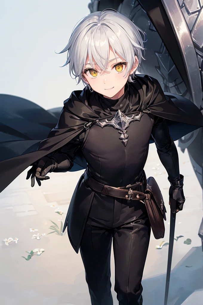 (masterpiece; best quality: 1.2), (finely detailed eyes: 1.3), ((1 male young kid)), ((solo)), (yellow eyes: 1.4), (adorable; short, slender: 1.3), (short white hair: 1.3), (beautiful and clear background: 1.2), ((depth of field)), (clothes: silver armor + black turtleneck + black pants + black cape + black gloves + satchel: 1.3), (anime illustration: 1.2), (background; garden exterior: 1.1), (extremely fine and handsome: 1.1), (shot composition; standing + close-up: 1.5), (expression; calm, smile: 1.2)