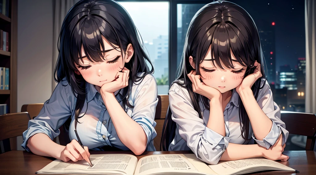 Falling asleep face down while studying at night、A cute girl with a little emphasis on her breasts