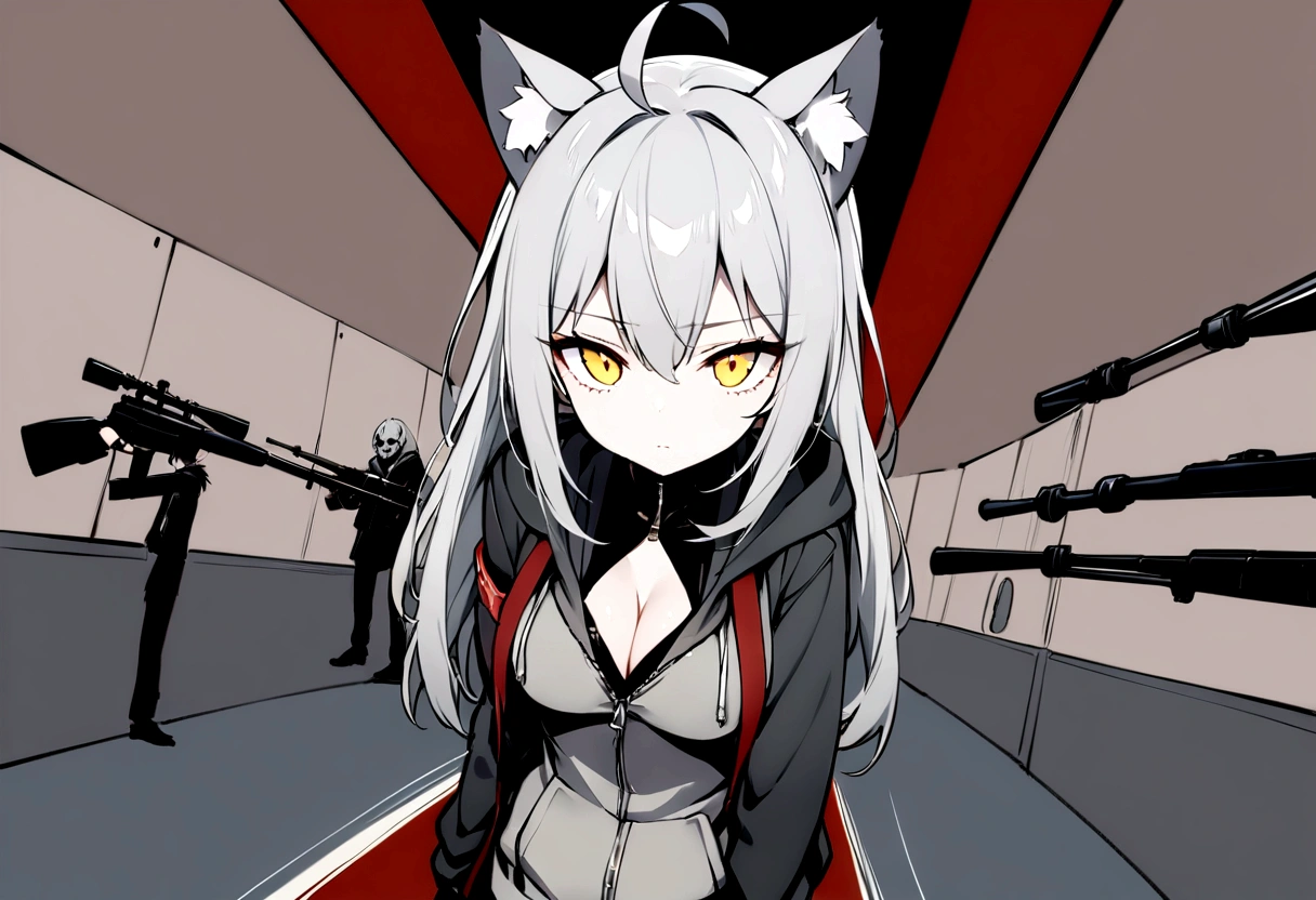 Zip hoodie worn on the arm、(masterpiece, best quality:1.2), 1girl, 独奏、Gray cat ears、Point your gun at us、Grey long hair、Ahoge、Yellow Eyes、Gray cat ears、The hoodie I took off was my carry-on baggage.、Ready your gun?、sniper rifle、Background of military bases、Fisheye Lens、battlefield、Shadows of light and darkness、Expressionless、Grim face、battle、blackニーソックス、Cleavage、black、Zip hoodie worn on the arm、Surrounded by subordinates