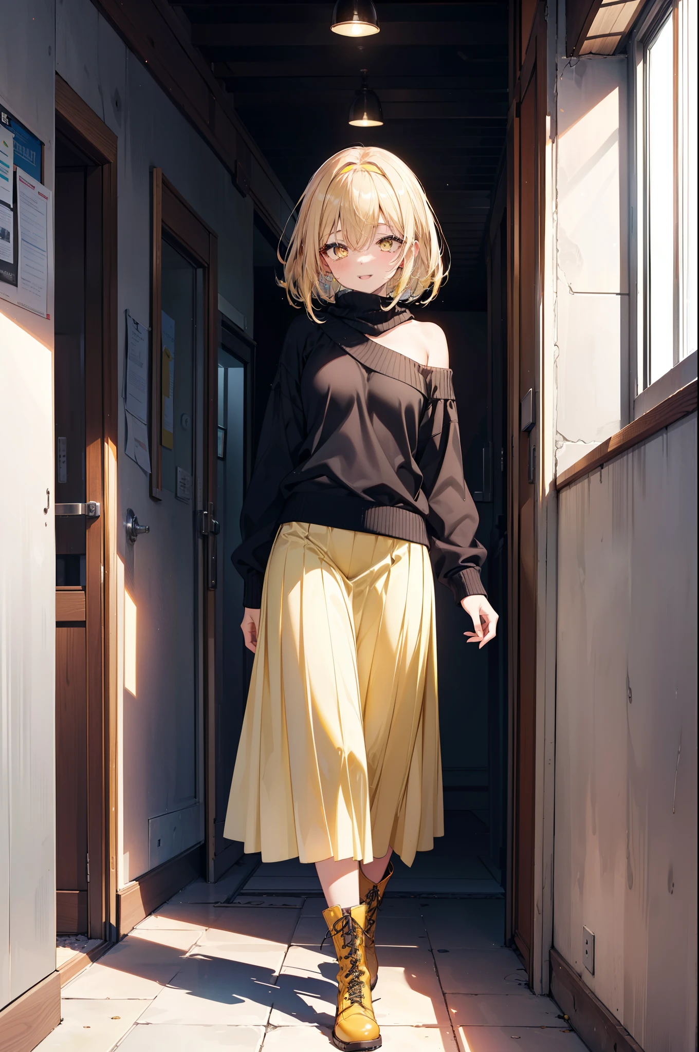 (アイスWallenstein, Wallenstein, blonde, Hair between the eyes, hair band, happy smile, smile, Open your mouth,Blonde,Long Hair, (Yellow Eyes:1.5),One-shoulder sweater,Long skirt,short boots,Walking,Daytime,Clear skies,whole bodyがイラストに入るように,　　　　　　　　　　　　　　　　　break looking at viewer, whole body,　　　　　　　　　　　break indoors,School,corridor,　　　　　　　　　　　　　　　 break (masterpiece:1.2), Highest quality, High resolution, unity 8k wallpaper, (shape:0.8), (Beautiful and beautiful eyes:1.6), Highly detailed face, Perfect lighting, Extremely detailed CG, (Perfect hands, Perfect Anatomy),