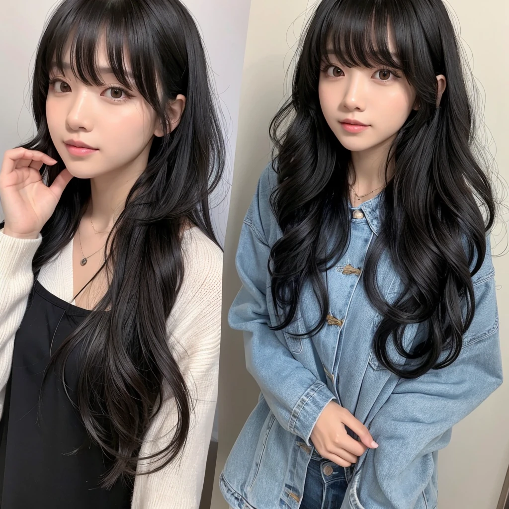 Black Hair With bangs long Loose curly hair