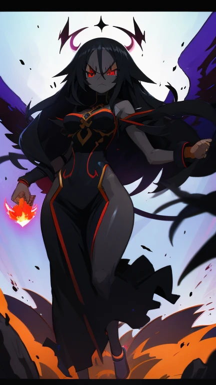 Anime, 1 woman, ethereal aura, celestial hostess, Black Long hair, red eyes, Ebony skin,  pit Black clothes, Black Flames, walking pose, angry face, extremely large Black wings, ethereal aura