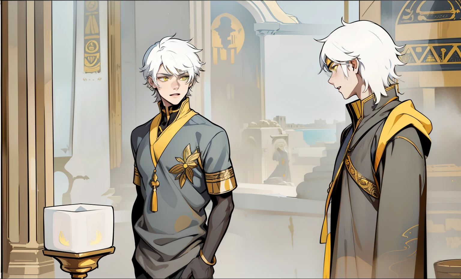 They open their mouths because they are talking. There are two demigods. They are 18 years old. White hair. Yellow eyes. Golden jewelry. Black tunics with yellow. , They are being serious, They are in a room in a palace in ancient Egypt.