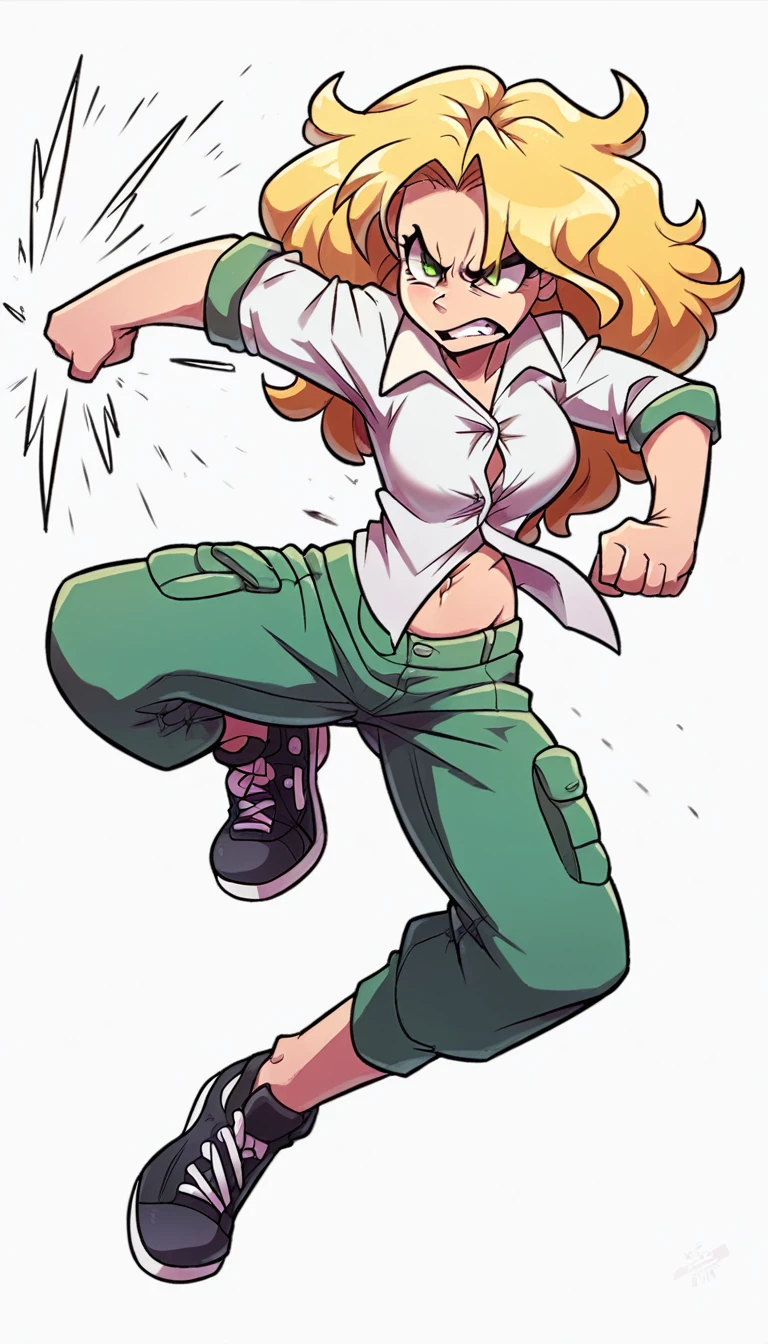 A tall girl, beautiful, angry, upset, face, angry, serious, long wavy yellow hair, her green eye, she wears a white shirt, button, tied knot, shows her navel, sexy curve, and her green skirt, wearing black heels, sneakers, fight, combat.