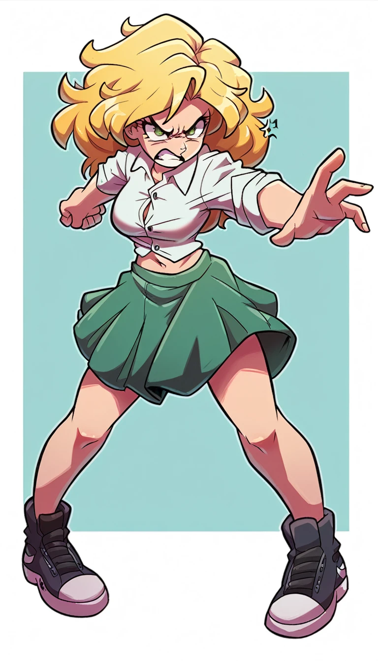 A tall girl beautiful angry upset face angry serious long wavy yellow hair her green eye wears a white shirt button tied knot shows navel sexy curve and her green skirt wearing black heels sneakers fighting combat battle