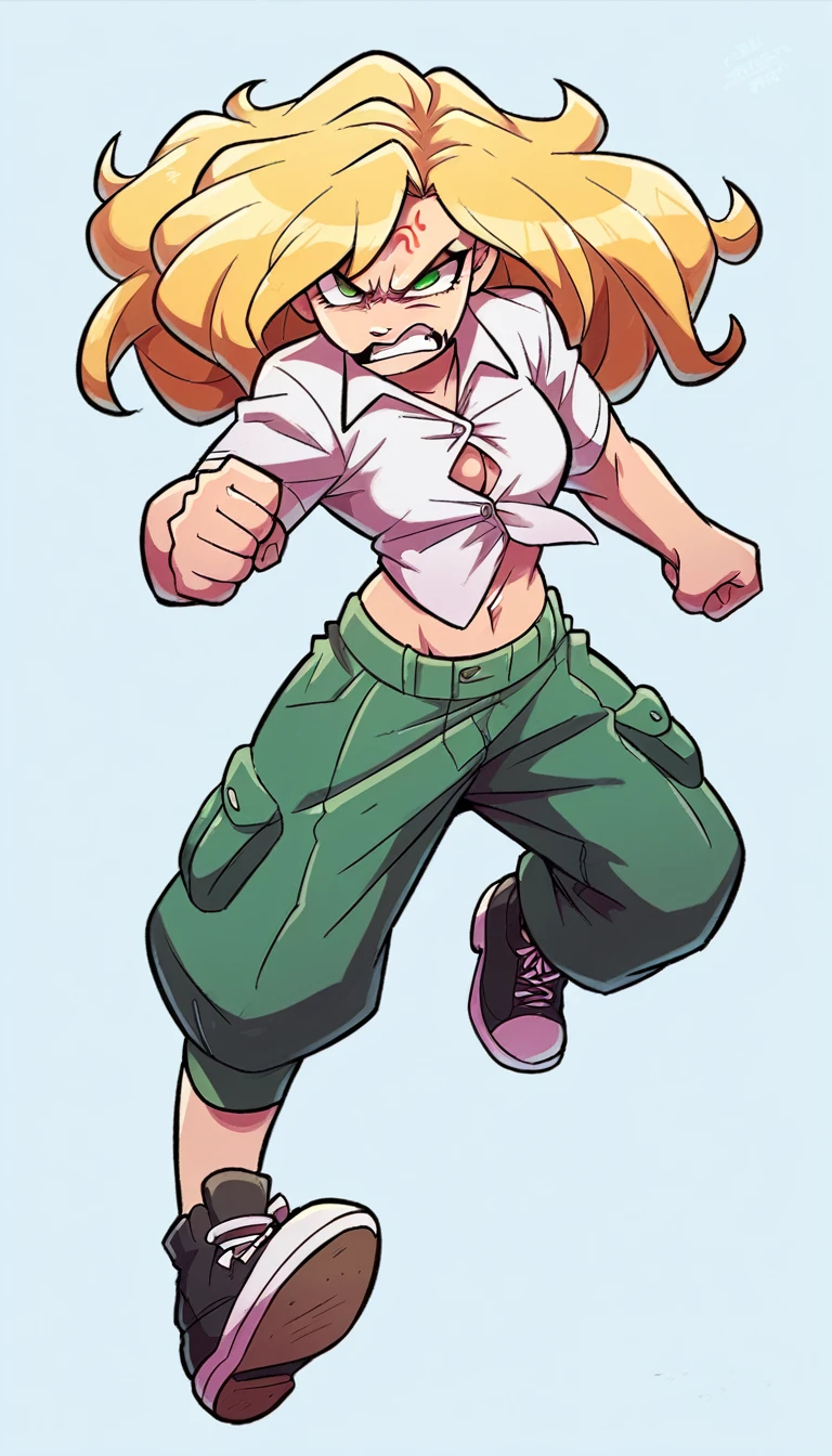 A tall girl, beautiful, angry, upset, face, angry, serious, long wavy yellow hair, her green eye, she wears a white shirt, button, tied knot, shows her navel, sexy curve, and her green skirt, wearing black heels, sneakers, fight, combat.