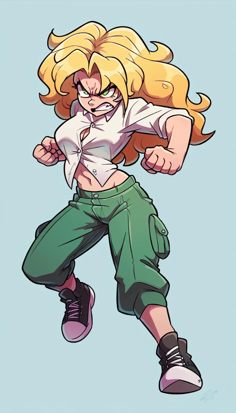 A tall girl, beautiful, angry, upset, face, angry, serious, long wavy yellow hair, her green eye, she wears a white shirt, button, tied knot, shows her navel, sexy curve, and her green skirt, wearing black heels, sneakers, fight, combat.