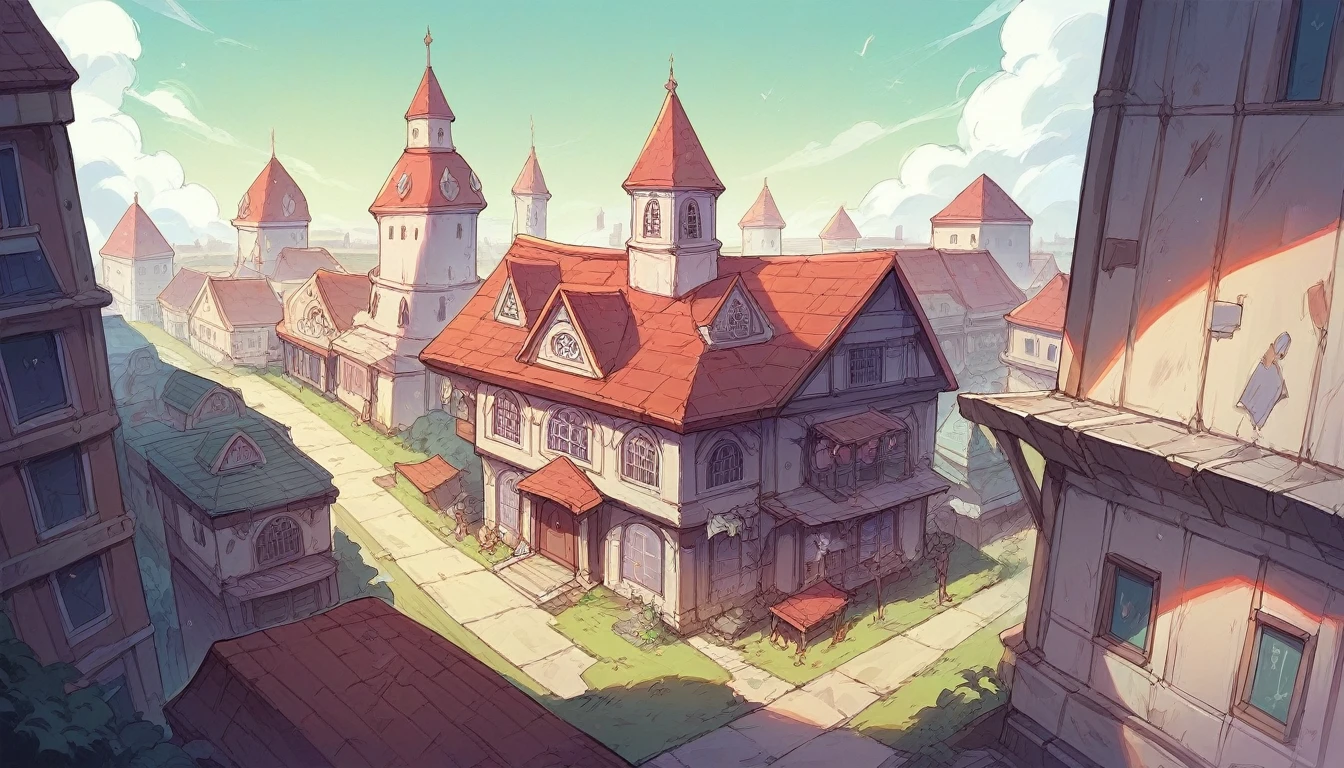 photograph of a fantasy, futuristic city with Dome-style buildings and houses or Dragon Ball-style houses, pains that stand out, primary and secondary