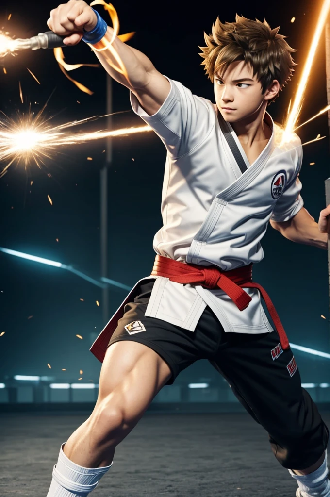 Create a My Hero Academia-style character who is a hero with a black belt in taekwondo. He is a young man with straight, light brown hair and a blonde complexion.. Your hero outfit should be inspired by traditional taekwondo clothing, incorporating a modern and heroic touch. His gift allows him to generate electricity through his feet, so add electric sparks around his feet to show this ability. The background should look like a dynamic scene, maybe a cityscape or a training ground, to give the character a sense of action