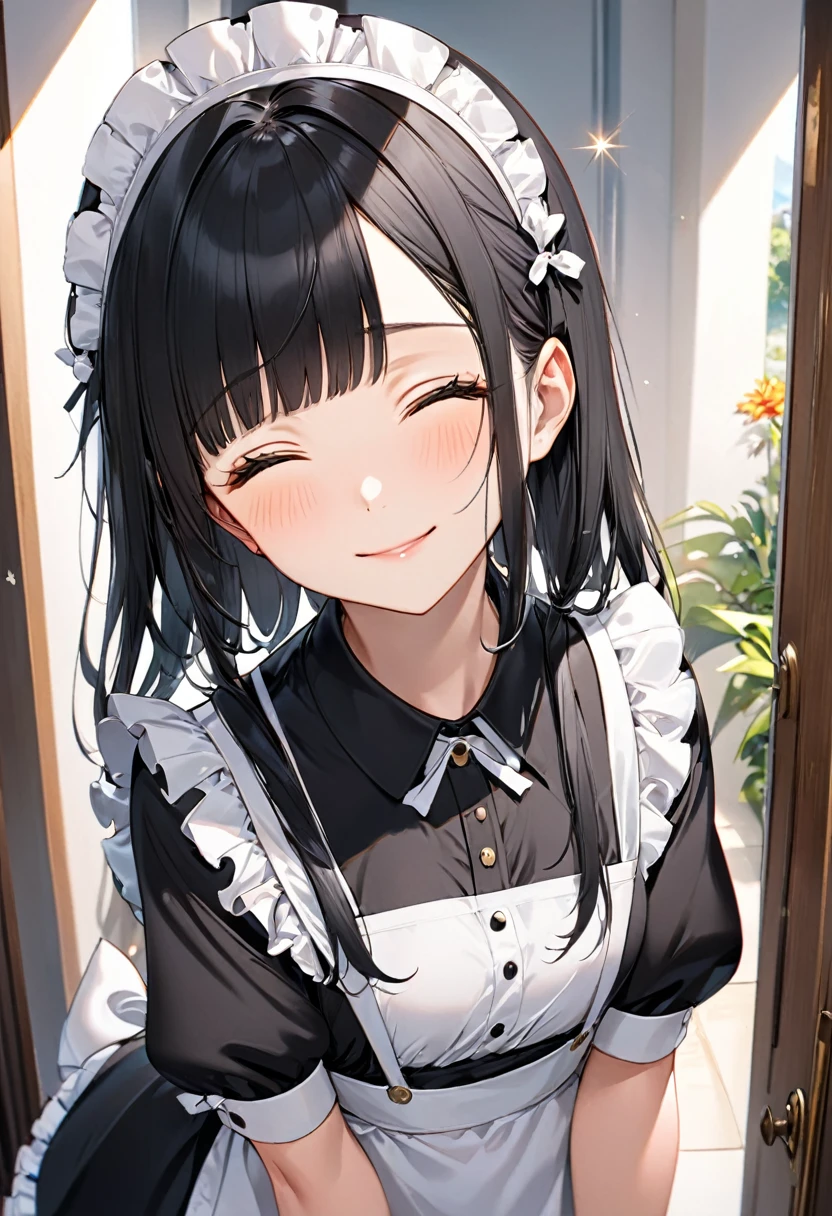 (maid style) (in a detailed summer maid clothes), (15 yo, solo:2 blunt bangs black hair long hair cute maid girl, sexy closed eyes, love smile), (in the entrance), (pov, frontale, lookup face), BREAK, perfect anatomy, masterpiece, best quality, 16k, beautiful detailed grow, daydreaming expression.
