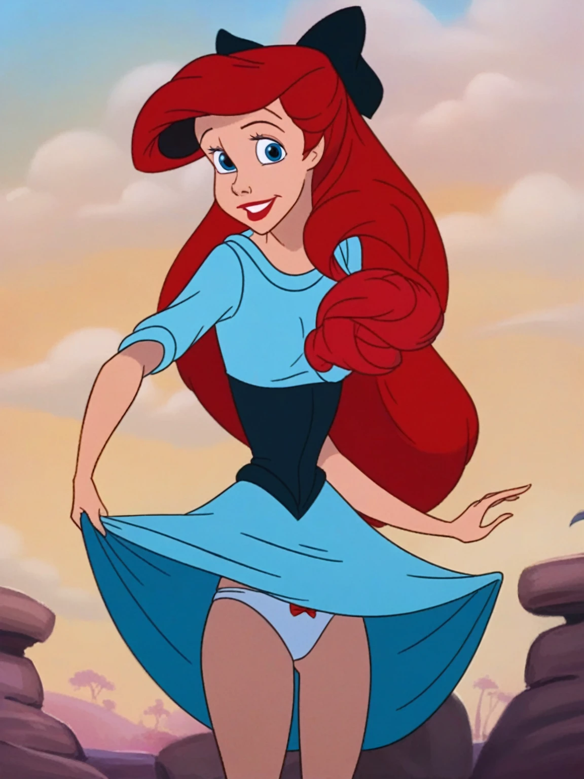 ar_el, 1girl, fair skin, red lips, red hair, large aqua-blue eyes,  looking at viewer, standing, breeze, skirt blown up, front view, spreading legs, black slip-ons, blue dress, upskirt, black bow, black corset, blue long-sleeve shirt, white panties, red bow on panties, high quality, score_9, score_8_up, score_7_up,
