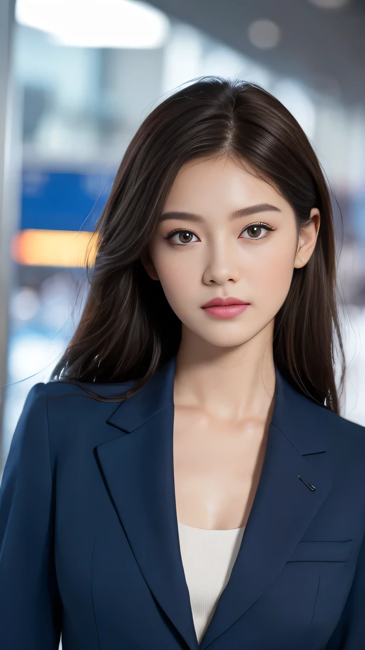 ((Top quality, 8K, masterpiece: 1.3)), Upper Body, Beautiful woman, Single Ladies, fit: 1.1, Dark brown hair, Blue Suit, Super detailed face, Detailed lips, delicate eyes, Double eyelids, Airport background