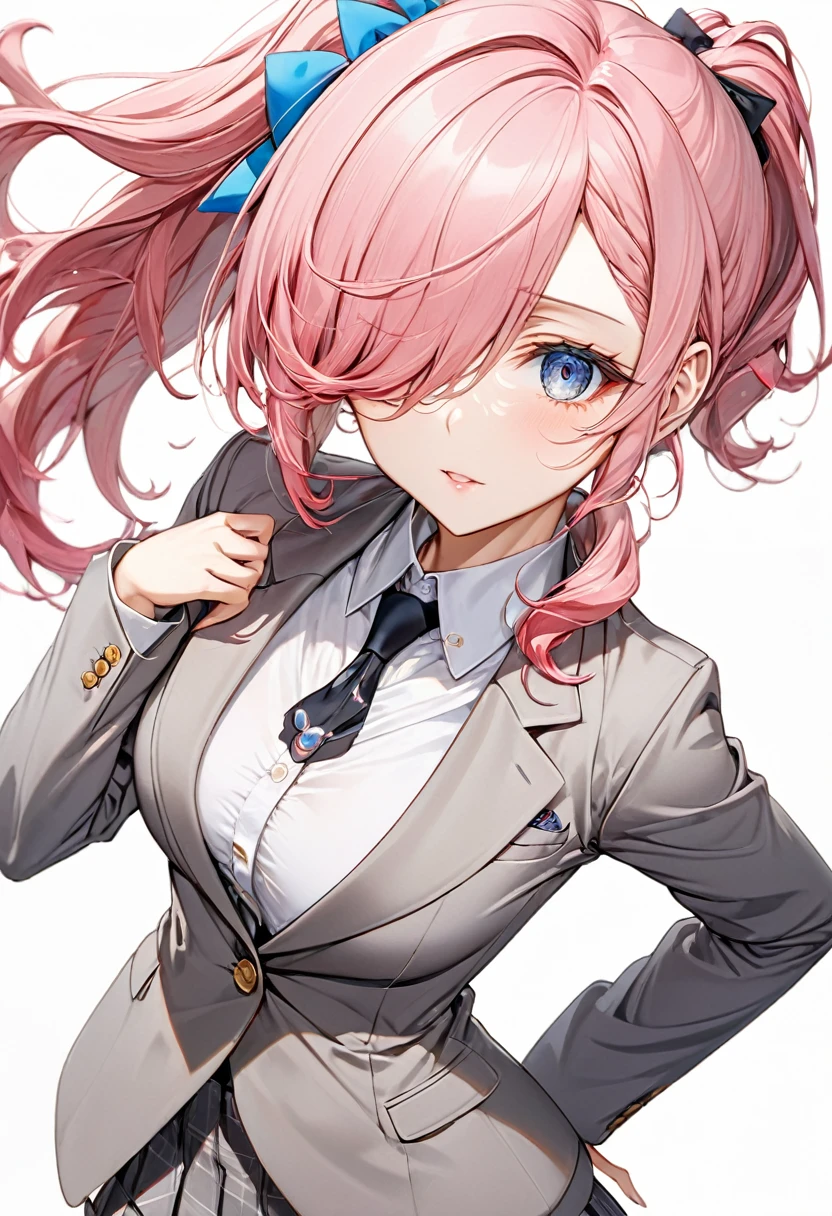 masterpiece, best quality, 1female as a teacher, long_ponytail wavy tip pink color hair, hair over one eye, wearing grey blazer, wearing short skirt, detailed beautiful eyes, detailed gorgeous face, perfect anatomy, dynamic pose, intricate details, anime,
