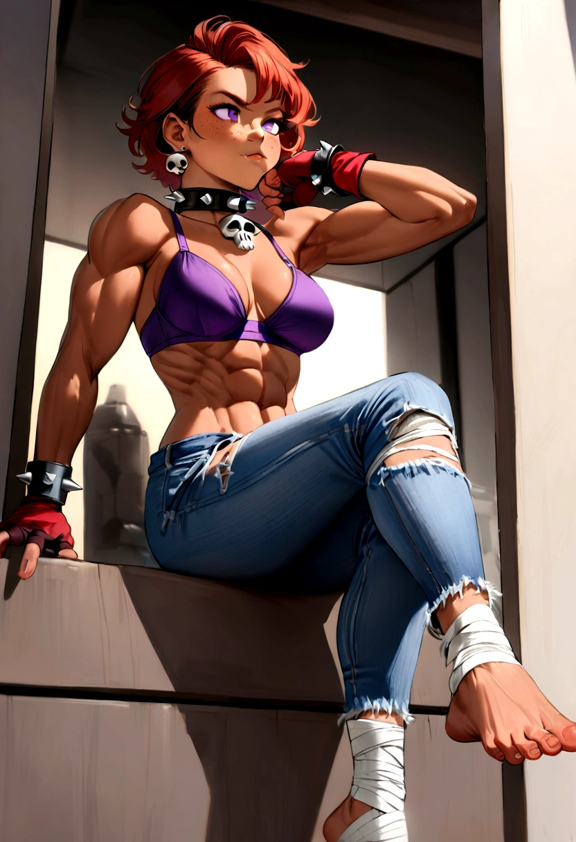 20 year old girl, short auburn hair wavy at bottom, purple eyes, sharp teeth, freckles, skull earrings, tan skin, spiked collar, toned muscles, purple bra, black open vest, red fingerless gloves, ripped jeans, bandaged bare feet