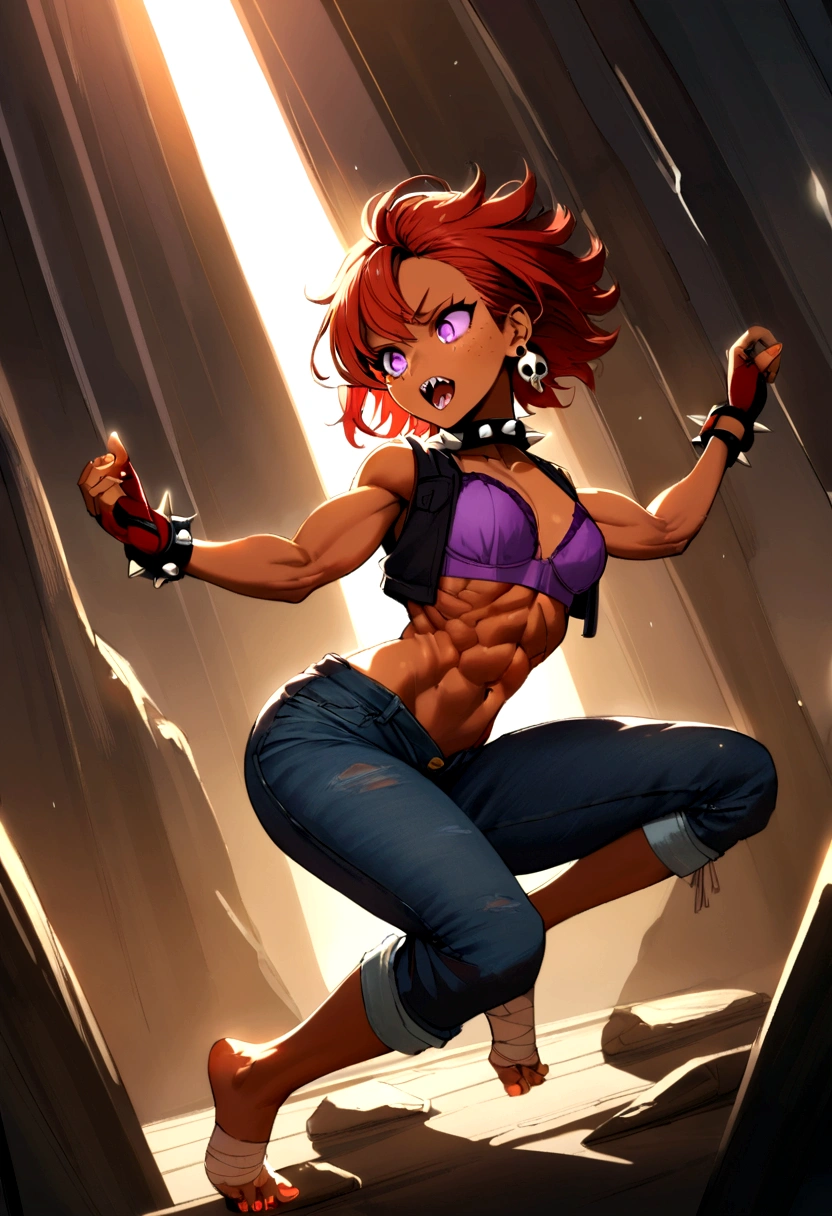 20 year old girl, short auburn hair wavy at bottom, purple eyes, sharp teeth, freckles, skull earrings, tan skin, spiked collar, toned muscles, purple bra, black open vest, red fingerless gloves, ripped jeans, bandaged bare feet