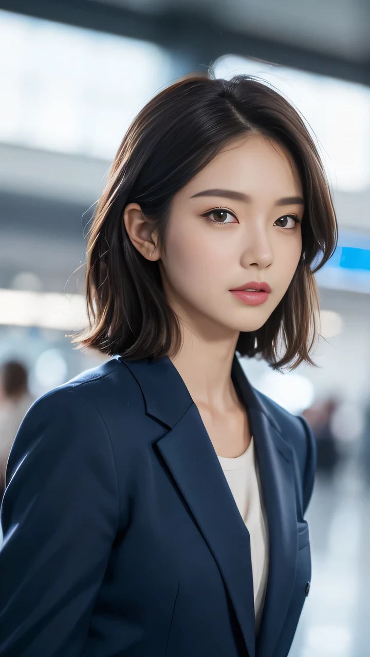 ((Top quality, 8K, masterpiece: 1.3)), Upper Body, Beautiful woman, Single Ladies, fit: 1.1, Dark brown hair, Blue Suit, Super detailed face, Detailed lips, delicate eyes, Double eyelids, Airport background