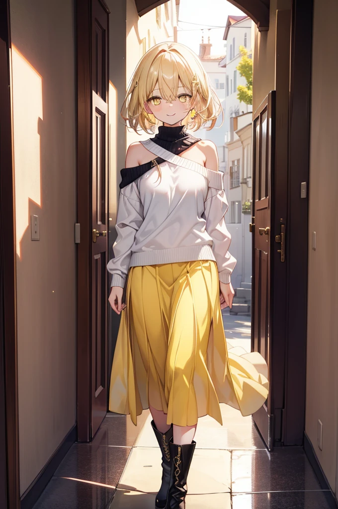 (アイスWallenstein, Wallenstein, blonde, Hair between the eyes, hair band, happy smile, smile, Open your mouth,Blonde,Long Hair, (Yellow Eyes:1.5),One-shoulder sweater,Long skirt,short boots,Walking,Daytime,Clear skies,whole bodyがイラストに入るように,　　　　　　　　　　　　　　　　　break looking at viewer, whole body,　　　　　　　　　　　break indoors,School,corridor,　　　　　　　　　　　　　　　 break (masterpiece:1.2), Highest quality, High resolution, unity 8k wallpaper, (shape:0.8), (Beautiful and beautiful eyes:1.6), Highly detailed face, Perfect lighting, Extremely detailed CG, (Perfect hands, Perfect Anatomy),