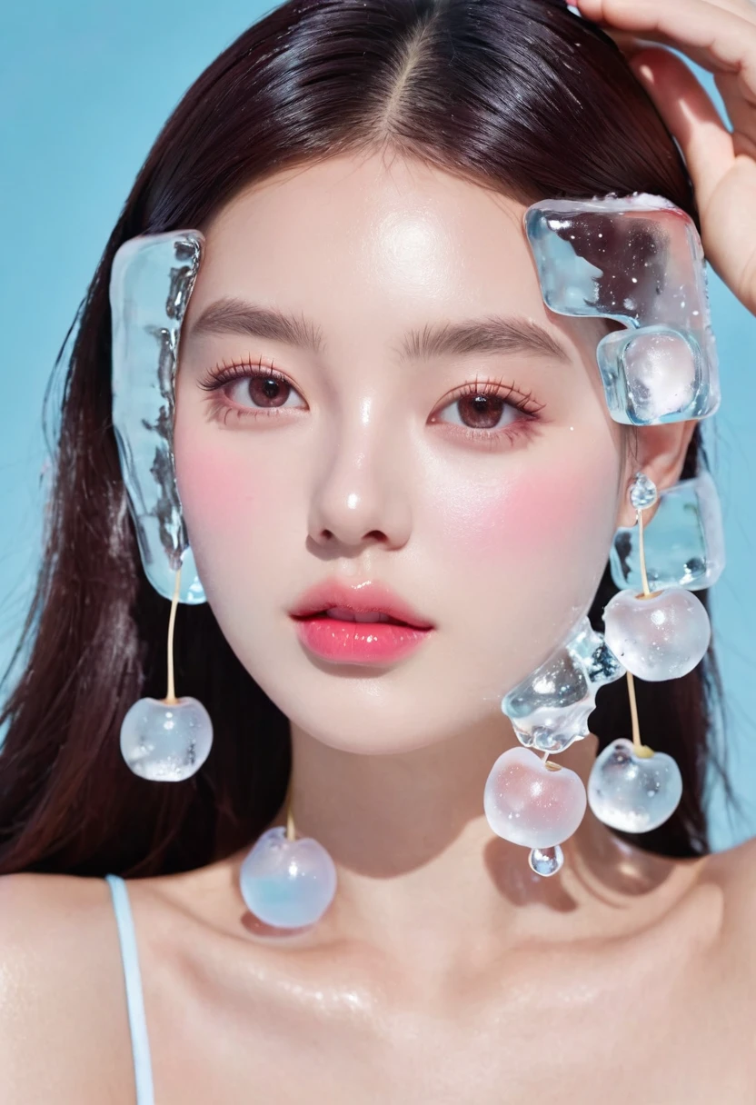 Summer ice cream girl,Dopamine age, Cool summer days,Ice cubes,Ice cream,cherry,The watery girl,Delicate skin,Hydration,Shiny,Shiny,dream,Front view,bust,pearl