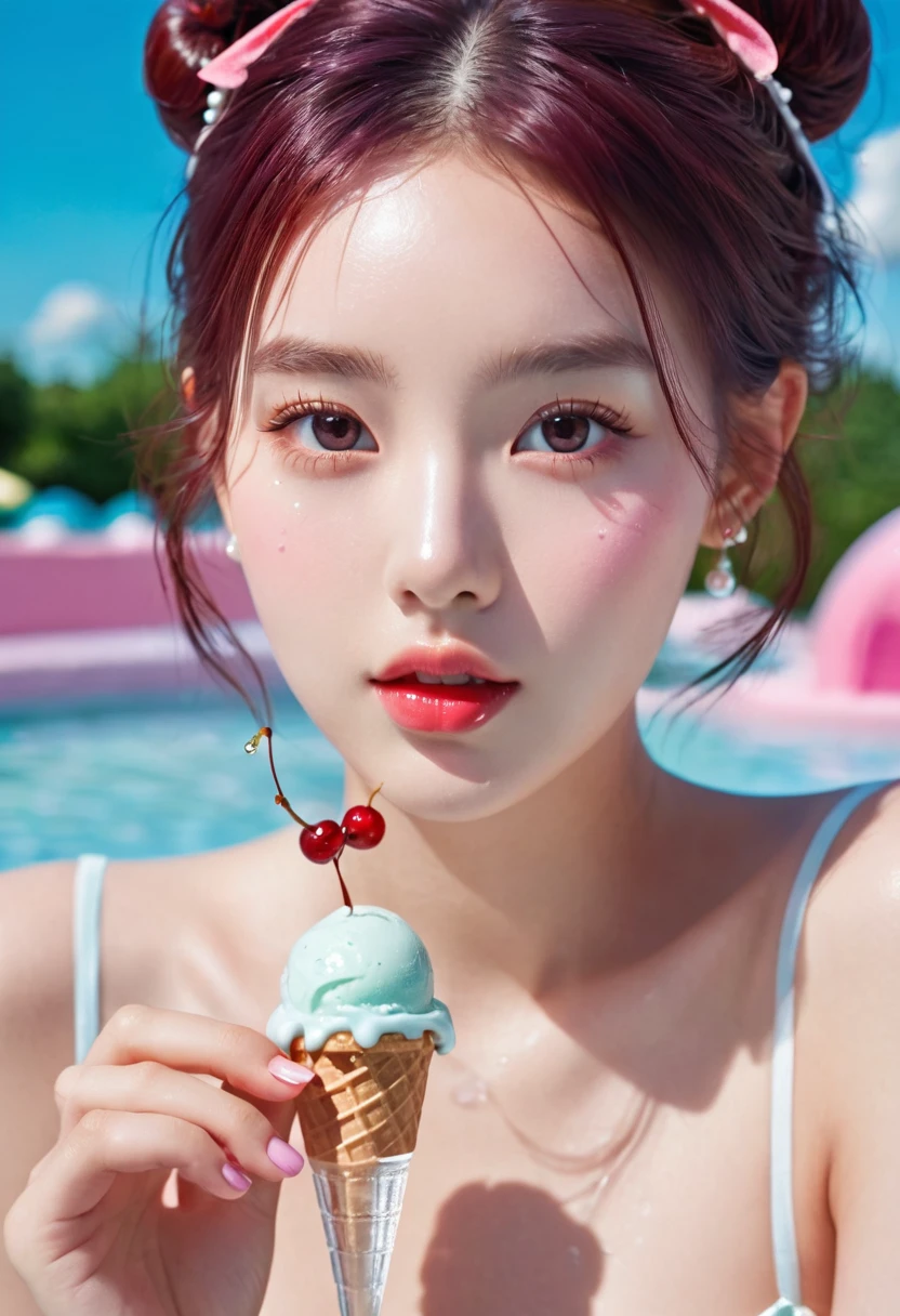 Summer ice cream girl,Dopamine age, Cool summer days,Ice cubes,Ice cream,cherry,The watery girl,Delicate skin,Hydration,Shiny,Shiny,dream,Front view,bust,pearl