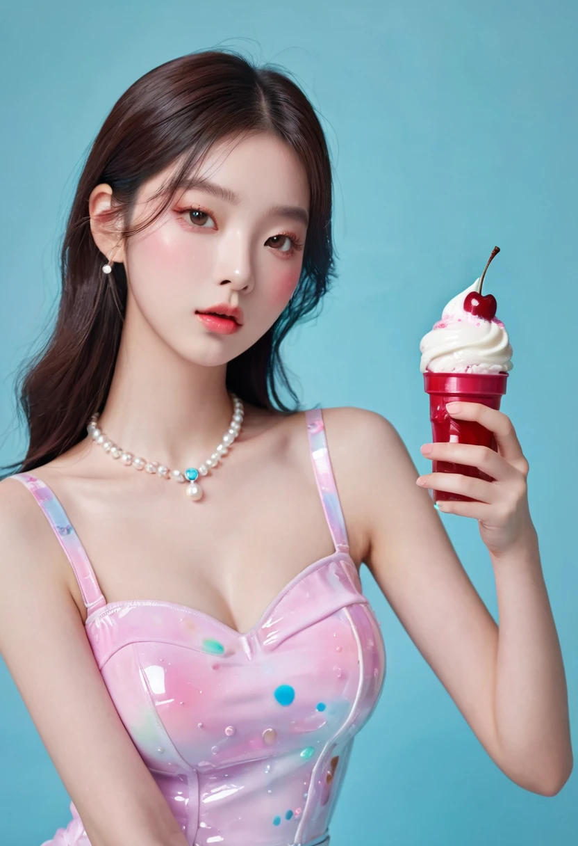 Summer ice cream girl，Dopamine teenage， Cool summer days，Ice cubes，Ice cream，cherry，The watery girl，Delicate skin，Hydration，Shiny，Shiny，dream，Front view，bust，pearl