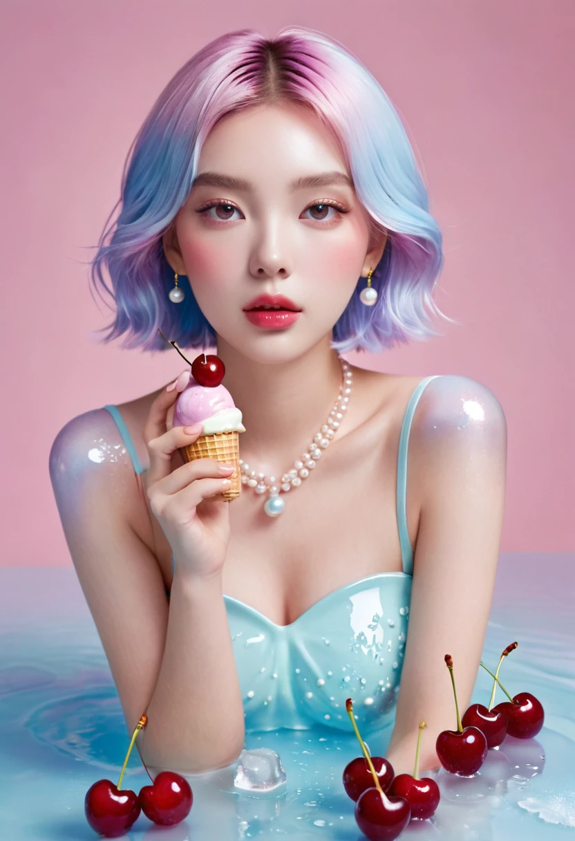 Summer ice cream girl,Dopamine teenage, Cool summer days,Ice cubes,Ice cream,cherry,The watery girl,Delicate skin,Hydration,Shiny,Shiny,dream,Front view,bust,pearl
