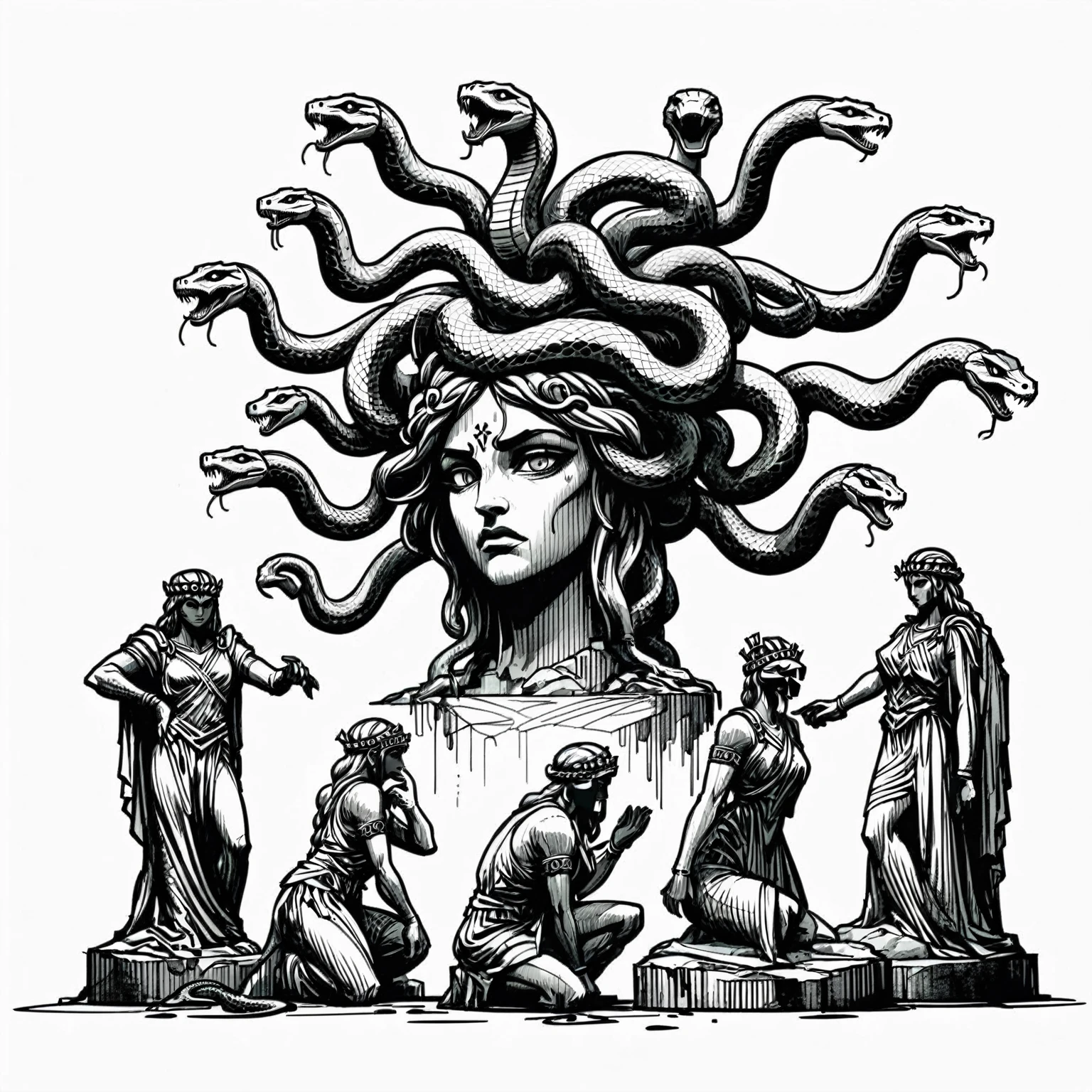 line drawing, showcasing medusa crown of snakes, snake crown, Stone Subjects: Statues of warriors turned to stone by Medusa’s gaze, bowing before her. expressive cross hatch animated 90s style ink figures, unfinished sketch,