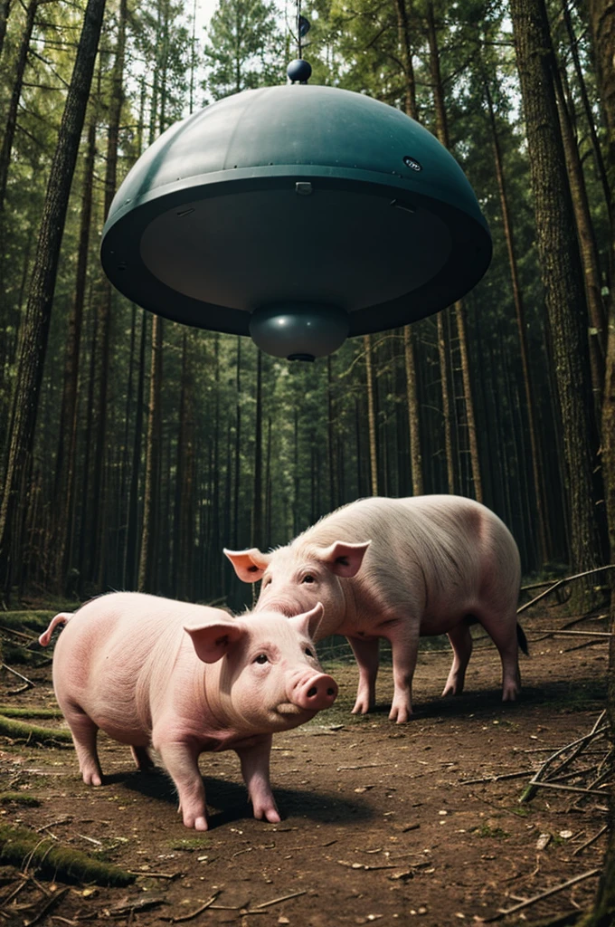 Pig lost in forest watches a UFO