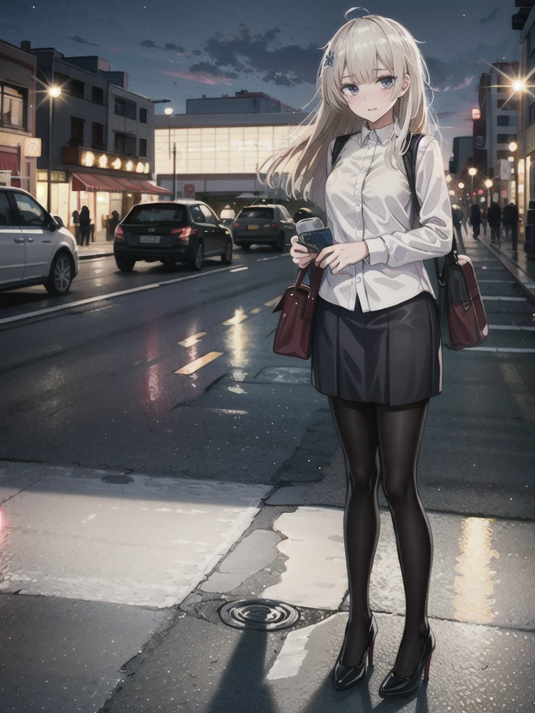 1girl, solo, female, ak-74m, white shirt, standing, full body shot's, blue skirt, outdoor, night, 4k, bokeh, pantyhose, carying a bag, mature woman, a date, one bag, high heels