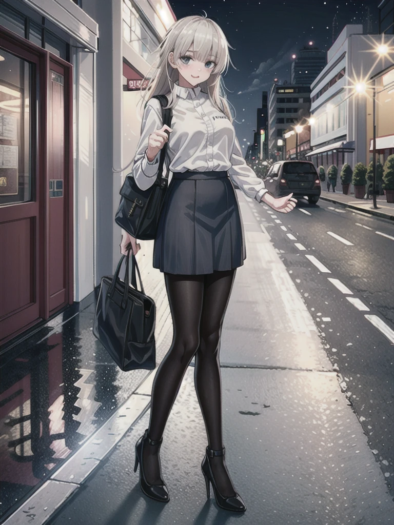 1girl, solo, female, ak-74m, white shirt, standing, full body shot's, blue skirt, outdoor, night, 4k, bokeh, pantyhose, carying a bag, mature woman, a date, one bag, high heels