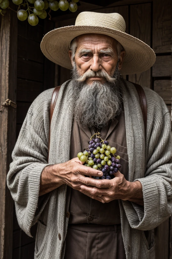 80 year old man suffering from hat, Large Beard, holding bunch of grapes close to face