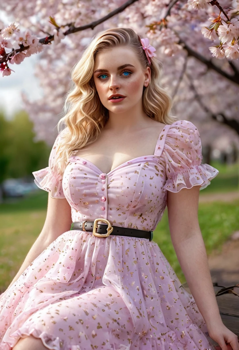 A beautiful sensual, curvy blonde kid wearing a sweet Pink Party Contrast Mesh, Ruffle Hem, All Over cherry blossoms Print, A Line, Short puff Sleeves, Sweetheart neckline, thin gold belt with tiny heart buckle, High Waist,Flounce hem Long gown, very long curling hair, cute, sweet, town picnic, warm party atmosphere, pretty, pretty lighting, 8k, octane render, detailed, detailed background, 35mm, realistic, photorealistic, perfect face, cherry blossoms barrettes in hair, freckles, American 