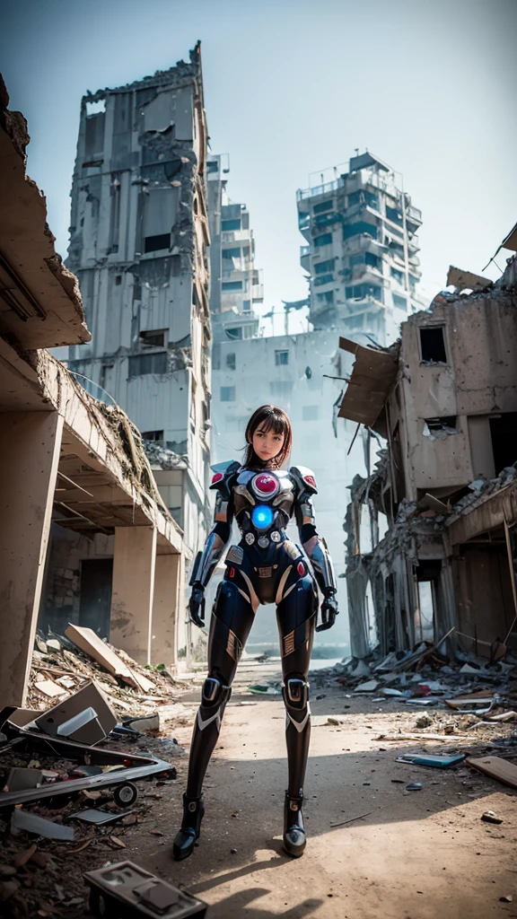 beautiful girl, mecha, mecha girl, cyborg, lighted list, complicated and sophisticated mech model, standing in the ruins of a building, the atmosphere of the end of the world war between mecha, masterpiece