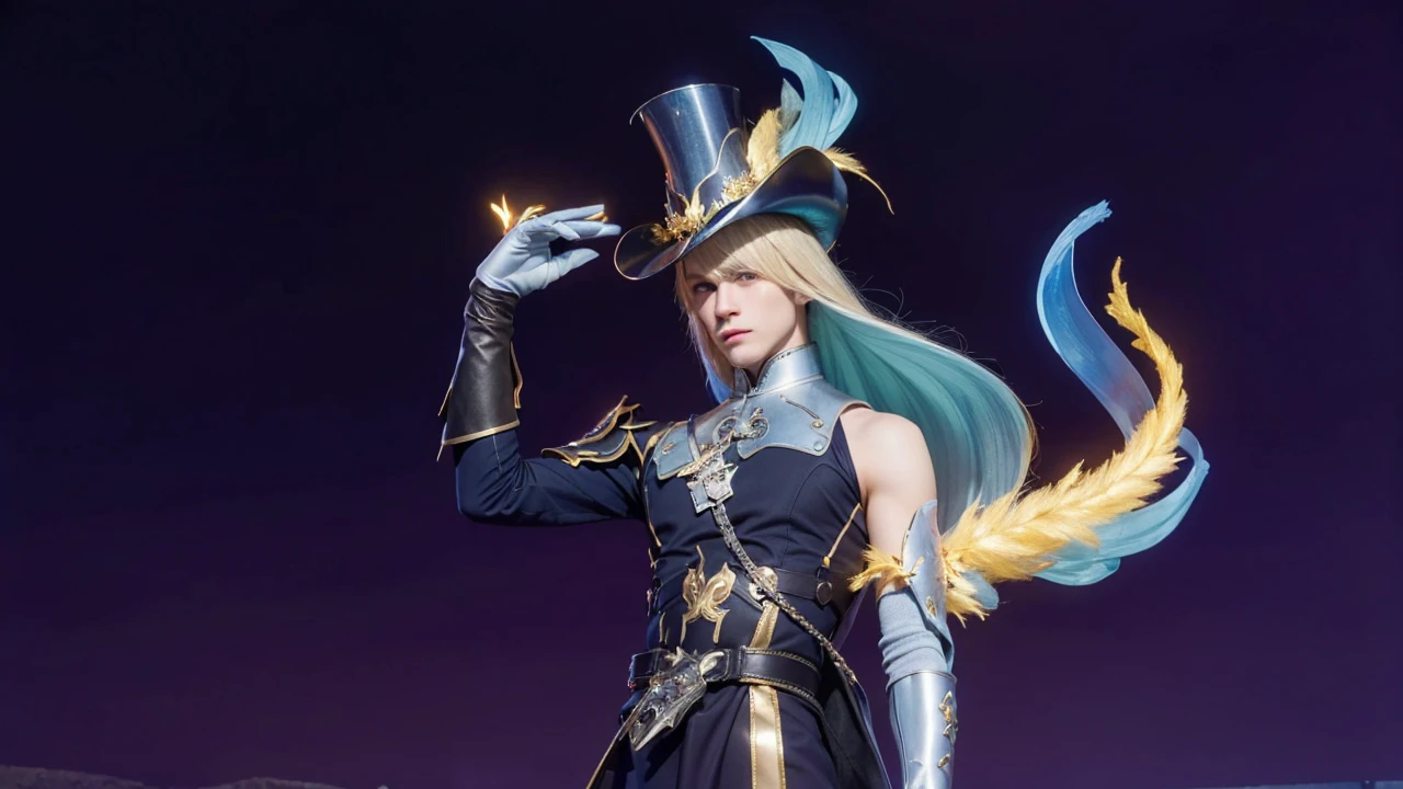 masterpiece, best quality, 1man, adult, male focus, solo, medium blonde hair, vibrant blue eyes, gloves, looking at viewer, cape, High quality metal texture, semi metal armor, closed mouth, black metalic gloves, upper body, bangs, high collar,(kbxll:0.6), Fantasy aesthetics, Highly detailed