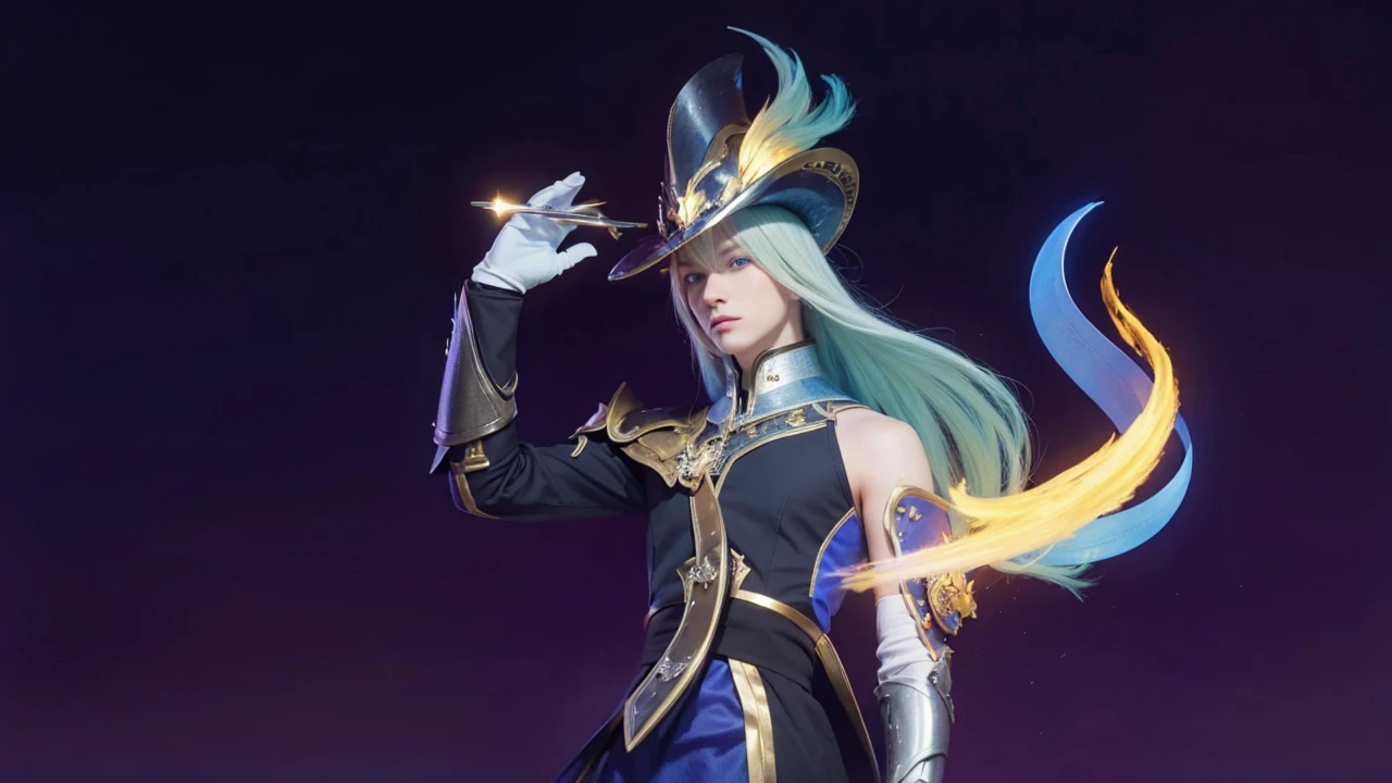 masterpiece, best quality, 1man, adult, male focus, solo, medium blonde hair, vibrant blue eyes, gloves, looking at viewer, cape, High quality metal texture, semi metal armor, closed mouth, black metalic gloves, upper body, bangs, high collar,(kbxll:0.6), Fantasy aesthetics, Highly detailed