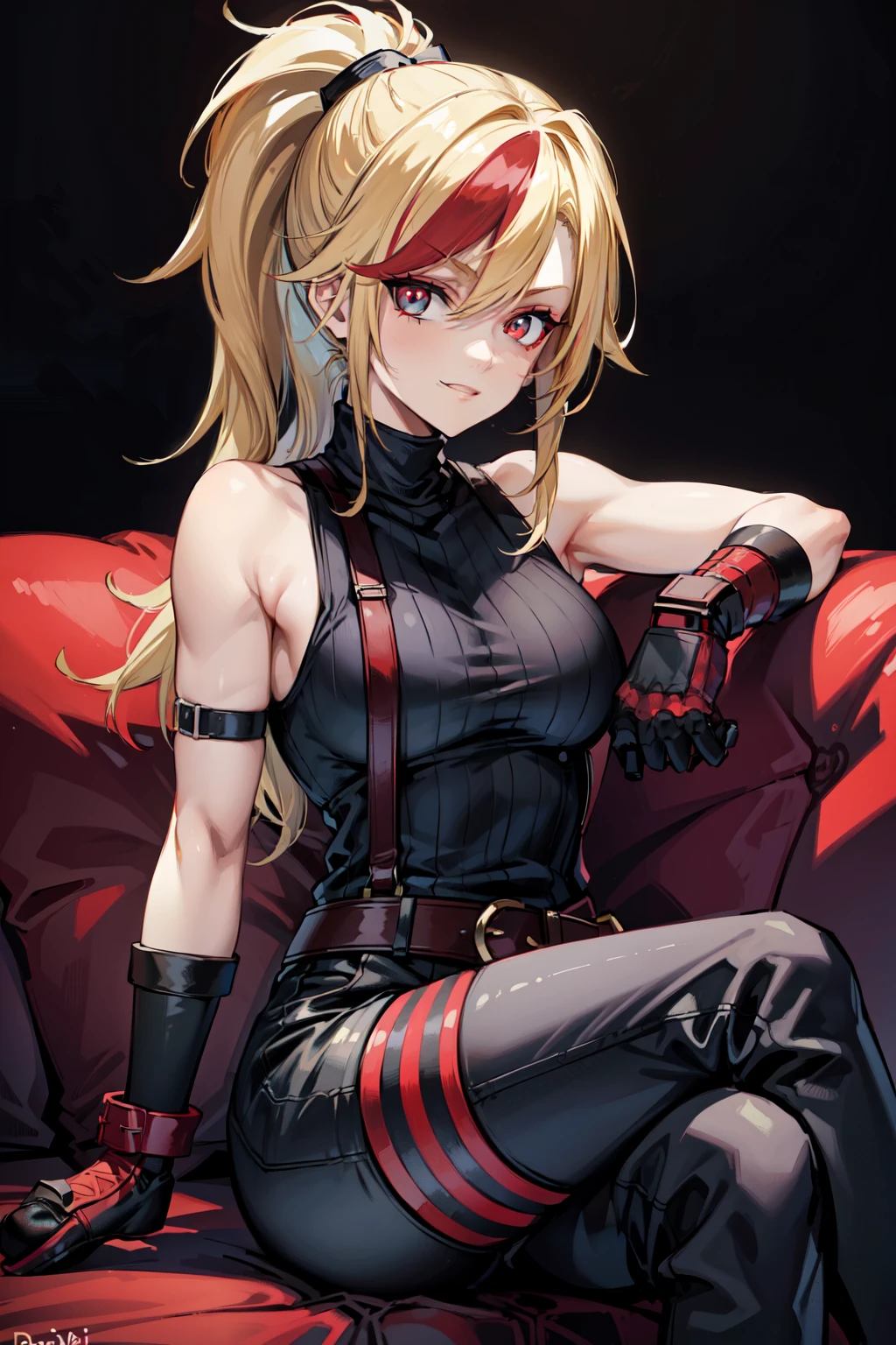 (masterpiece, best quality:1.2), red glowing eyes, red eyes, the eyes are red, perfect face, , strong make up, highres, 1 girl, solo, ultra long ponytail, (female:1.5), strife, blonde hair, shoulder armor, sleeveless turtleneck, suspenders, belt, gloves, bracer pre potent smile, crossing legs, crossing arms , evil smile, evil pose, sitting, portrait, looking at viewer, Her hair is streaked with lots red and blonde highlights, tribal tattoo on the shoulder