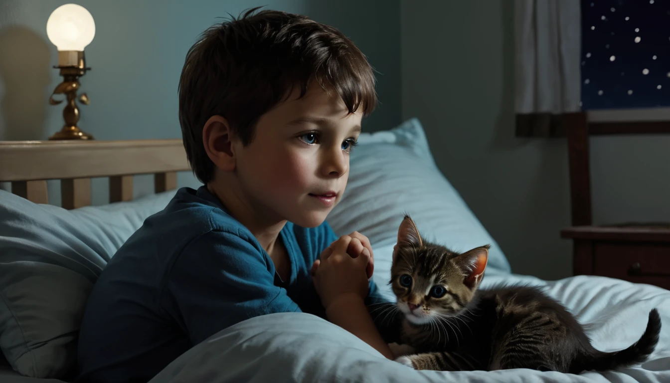 A boy is lying in bed with a kitten. A heartwarming scene at night.