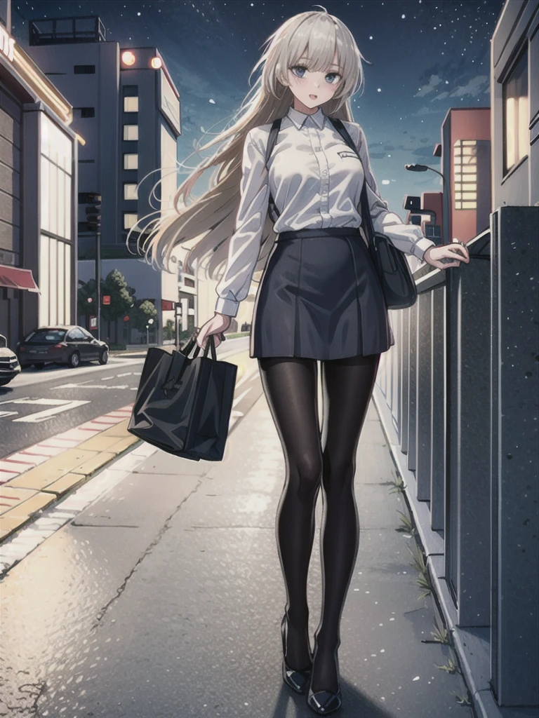 1girl, solo, female, ak-74m, white shirt, standing, full body shot's, blue skirt, outdoor, night, 4k, bokeh, pantyhose, carying a bag, mature woman, a date, one bag, high heels