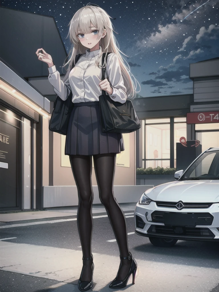 1girl, solo, female, ak-74m, white shirt, standing, full body shot's, blue skirt, outdoor, night, 4k, bokeh, pantyhose, carying a bag, mature woman, a date, one bag, high heels 