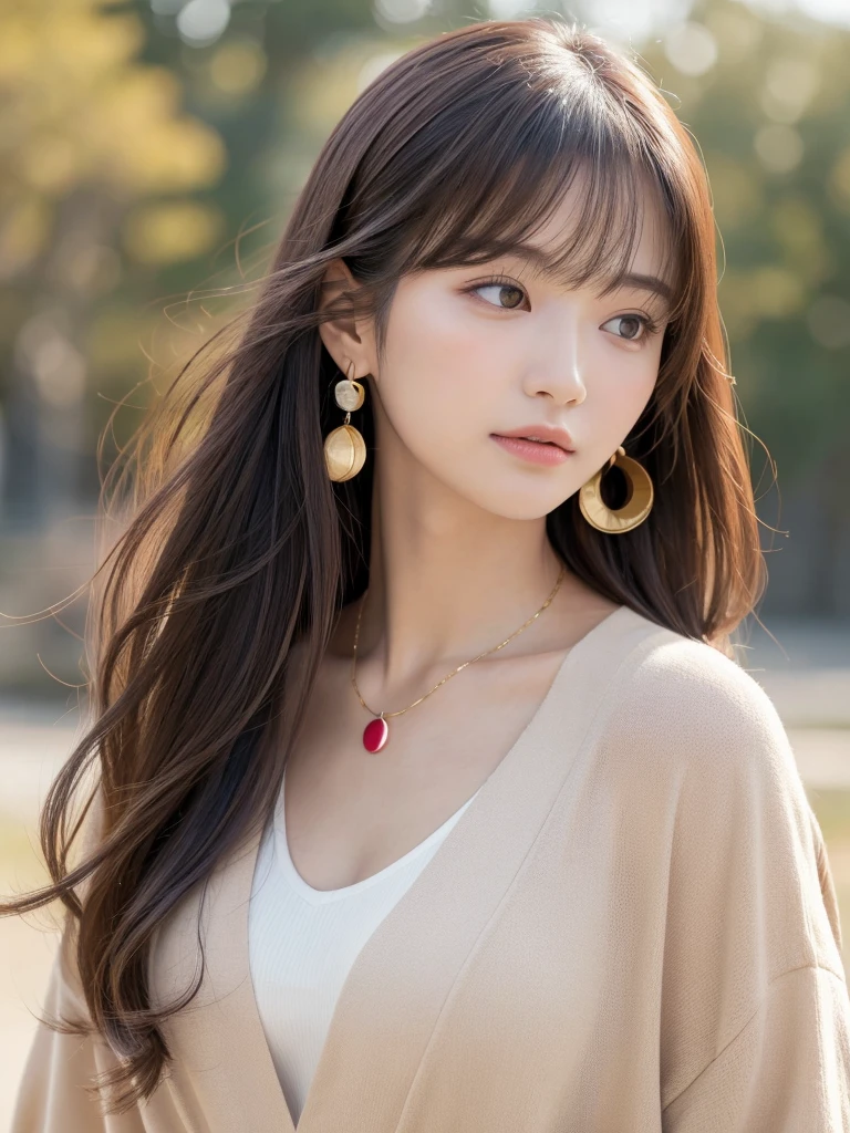 ((Highest quality, 8K, masterpiece:1.3)), concentrate: 1.2, Perfect body beauty: 1.4, Hips: 1.2, ((Long Hair, chest: 1.2)), (Dry clothes: 1.1) , (clear, Simple Background:1.3), Simple clothes: 1.1, Highly detailed face and skin texture,Delicate eyes, double eyelid, Whitened skin, Rough skin、Long Hair、Earrings with bangs、necklace、 solo、Beige coat、White shirt, (((Beautiful girl with cute Japan)))、 ((Beautiful Japanese girl 20 years old))、 ((Baby Face))、 (((Slender body)))、 Upper Body,Face focus、necklace,Simple Background,From above, Realistic Hair、 A photograph was taken:Canon EOS R6、135mm、1/1250 seconds、f2.8、ISO400、(Detailed explanation of the hand)、(Masseter muscle area)、(Exquisite CG)、Long Hair, loose and curly hair、Korean Hair、Long Hair明るいベージュ色、グラデーションハイライトグレージュのゆるふわLong Hairスタイル、
