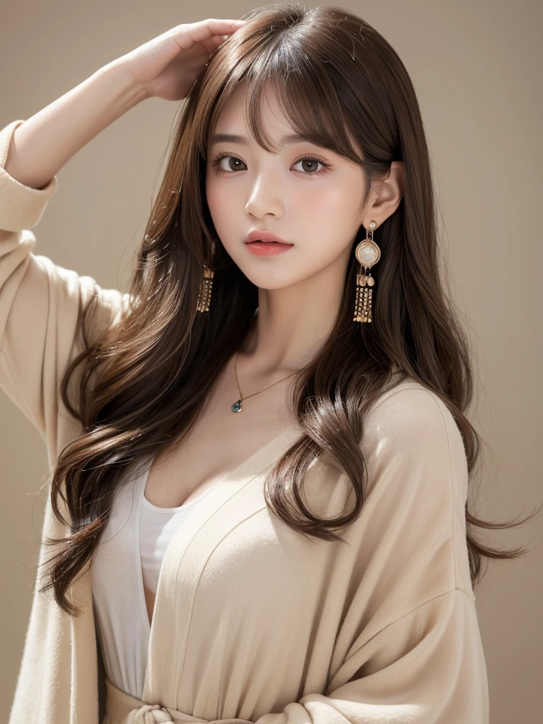 ((Highest quality, 8K, masterpiece:1.3)), concentrate: 1.2, Perfect body beauty: 1.4, Hips: 1.2, ((Long Hair, chest: 1.2)), (Dry clothes: 1.1) , (clear, Simple Background:1.3), Simple clothes: 1.1, Highly detailed face and skin texture,Delicate eyes, double eyelid, Whitened skin, Rough skin、Long Hair、Earrings with bangs、necklace、 solo、Beige coat、White shirt, (((Beautiful girl with cute Japan)))、 ((Beautiful Japanese girl 20 years old))、 ((Baby Face))、 (((Slender body)))、 Upper Body,Face focus、necklace,Simple Background,From above, Realistic Hair、 A photograph was taken:Canon EOS R6、135mm、1/1250 seconds、f2.8、ISO400、(Detailed explanation of the hand)、(Masseter muscle area)、(Exquisite CG)、Long Hair, loose and curly hair、Korean Hair、Long Hair明るいベージュ色、グラデーションハイライトグレージュのゆるふわLong Hairスタイル、