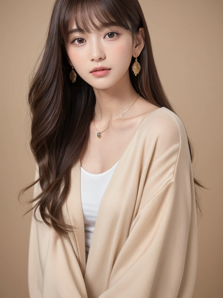 ((Highest quality, 8K, masterpiece:1.3)), concentrate: 1.2, Perfect body beauty: 1.4, Hips: 1.2, ((Long Hair, chest: 1.2)), (Dry clothes: 1.1) , (clear, Simple Background:1.3), Simple clothes: 1.1, Highly detailed face and skin texture,Delicate eyes, double eyelid, Whitened skin, Rough skin、Long Hair、Earrings with bangs、necklace、 solo、Beige coat、White shirt, (((Beautiful girl with cute Japan)))、 ((Beautiful Japanese girl 20 years old))、 ((Baby Face))、 (((Slender body)))、 Upper Body,Face focus、necklace,Simple Background,From above, Realistic Hair、 A photograph was taken:Canon EOS R6、135mm、1/1250 seconds、f2.8、ISO400、(Detailed explanation of the hand)、(Masseter muscle area)、(Exquisite CG)、Long Hair, loose and curly hair、Korean Hair、Long Hair明るいベージュ色、グラデーションハイライトグレージュのゆるふわLong Hairスタイル、