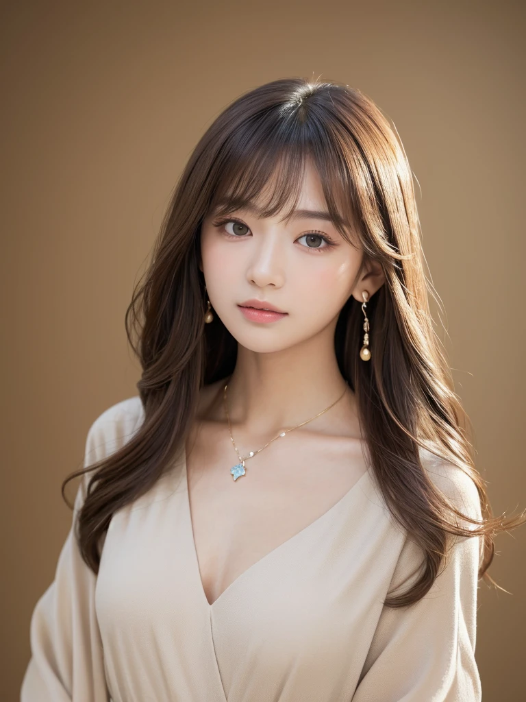 ((Highest quality, 8K, masterpiece:1.3)), concentrate: 1.2, Perfect body beauty: 1.4, Hips: 1.2, ((Long Hair, chest: 1.2)), (Dry clothes: 1.1) , (clear, Simple Background:1.3), Simple clothes: 1.1, Highly detailed face and skin texture,Delicate eyes, double eyelid, Whitened skin, Rough skin、Long Hair、Earrings with bangs、necklace、 solo、Beige coat、White shirt, (((Beautiful girl with cute Japan)))、 ((Beautiful Japanese girl 20 years old))、 ((Baby Face))、 (((Slender body)))、 Upper Body,Face focus、necklace,Simple Background,From above, Realistic Hair、 A photograph was taken:Canon EOS R6、135mm、1/1250 seconds、f2.8、ISO400、(Detailed explanation of the hand)、(Masseter muscle area)、(Exquisite CG)、Long Hair, loose and curly hair、Korean Hair、Long Hair明るいベージュ色、グラデーションハイライトグレージュのゆるふわLong Hairスタイル、