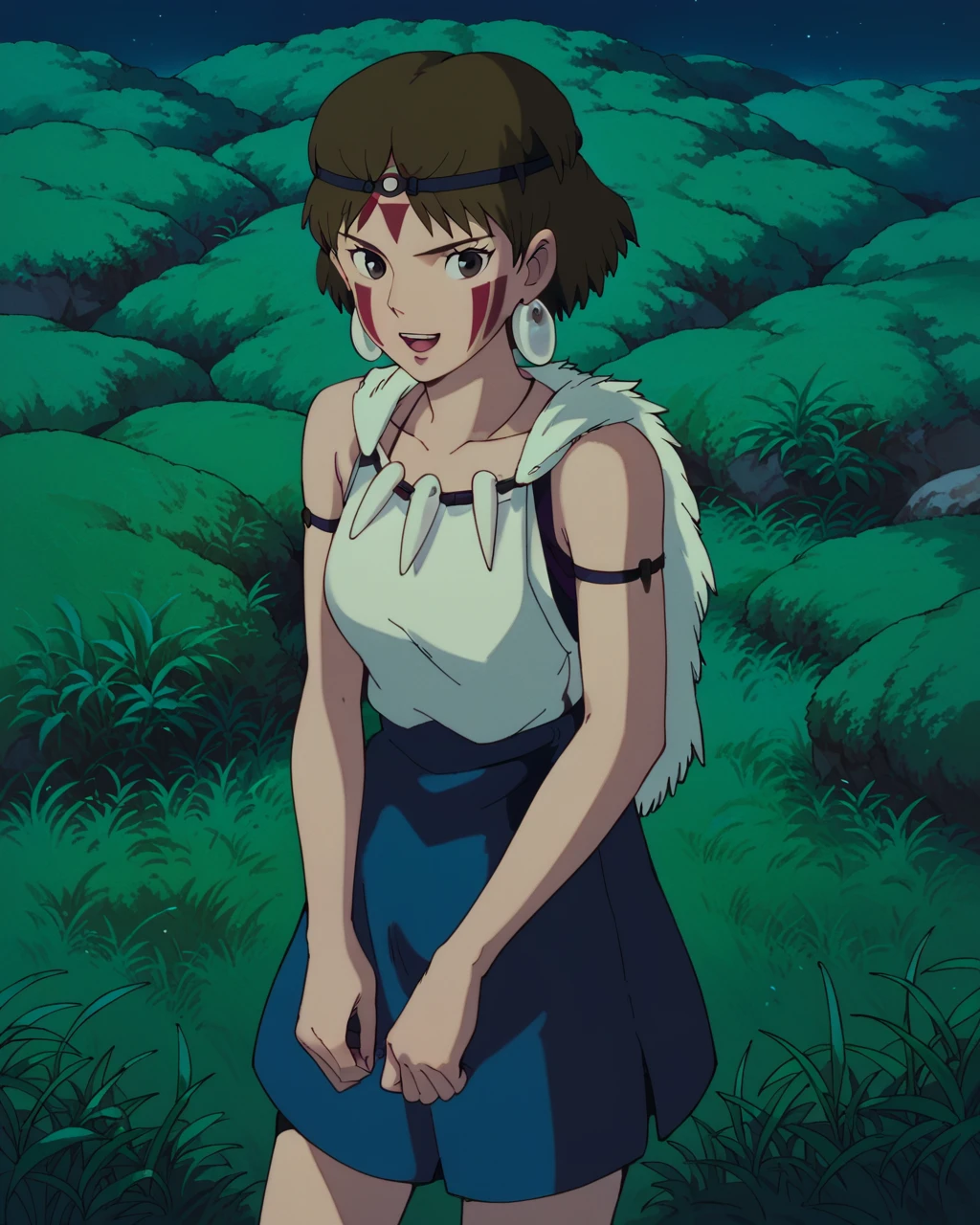 score_9, score_8_up, score_7_up, zPDXL, Ghiblistyle, 1girl, solo, looking at viewer, short hair, open mouth, brown hair, brown eyes, jewelry, earrings, necklace, bare arms, night, headband, facial mark, grass, facepaint