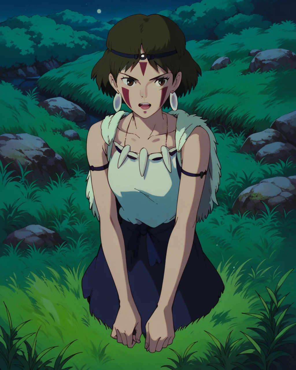 score_9, score_8_up, score_7_up, zPDXL, Ghiblistyle, 1girl, solo, looking at viewer, short hair, open mouth, brown hair, brown eyes, jewelry, earrings, necklace, bare arms, night, headband, facial mark, grass, facepaint