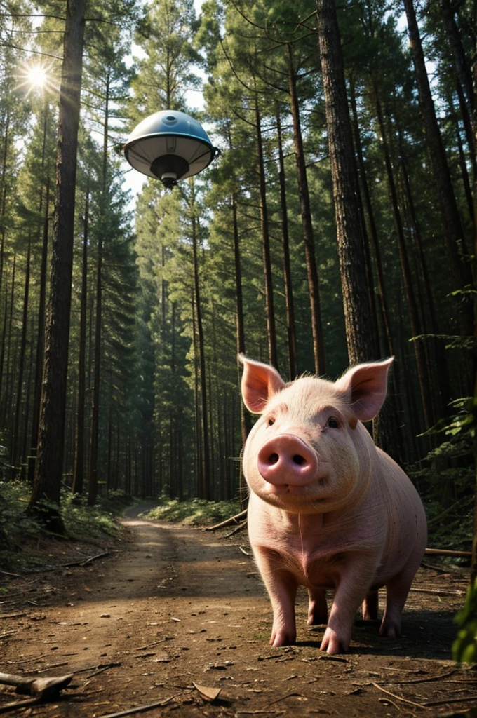 A pig lost in the forest watches a UFO