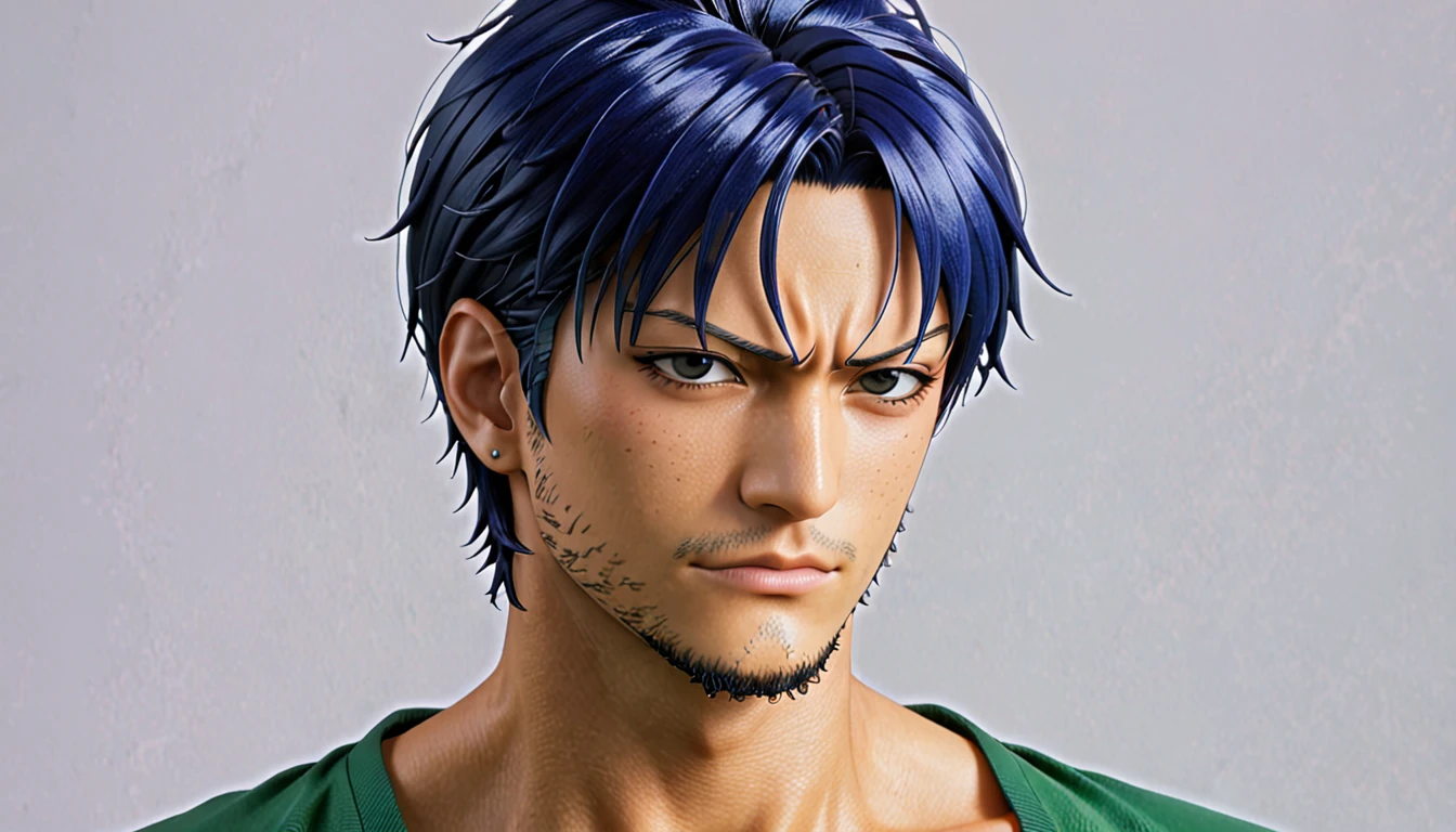 Short dark blue hair upright with zoro