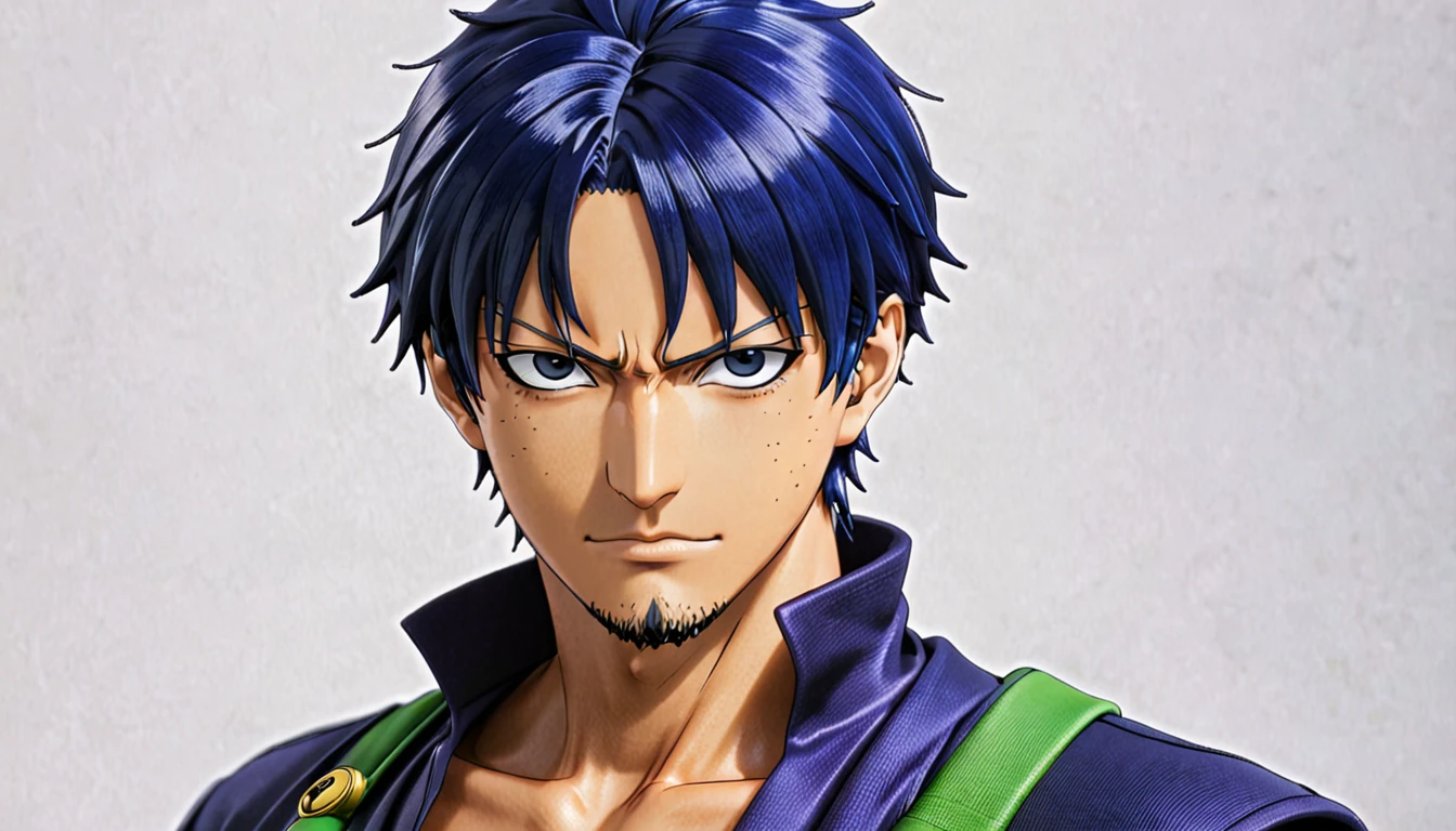 Short dark blue hair upright with zoro