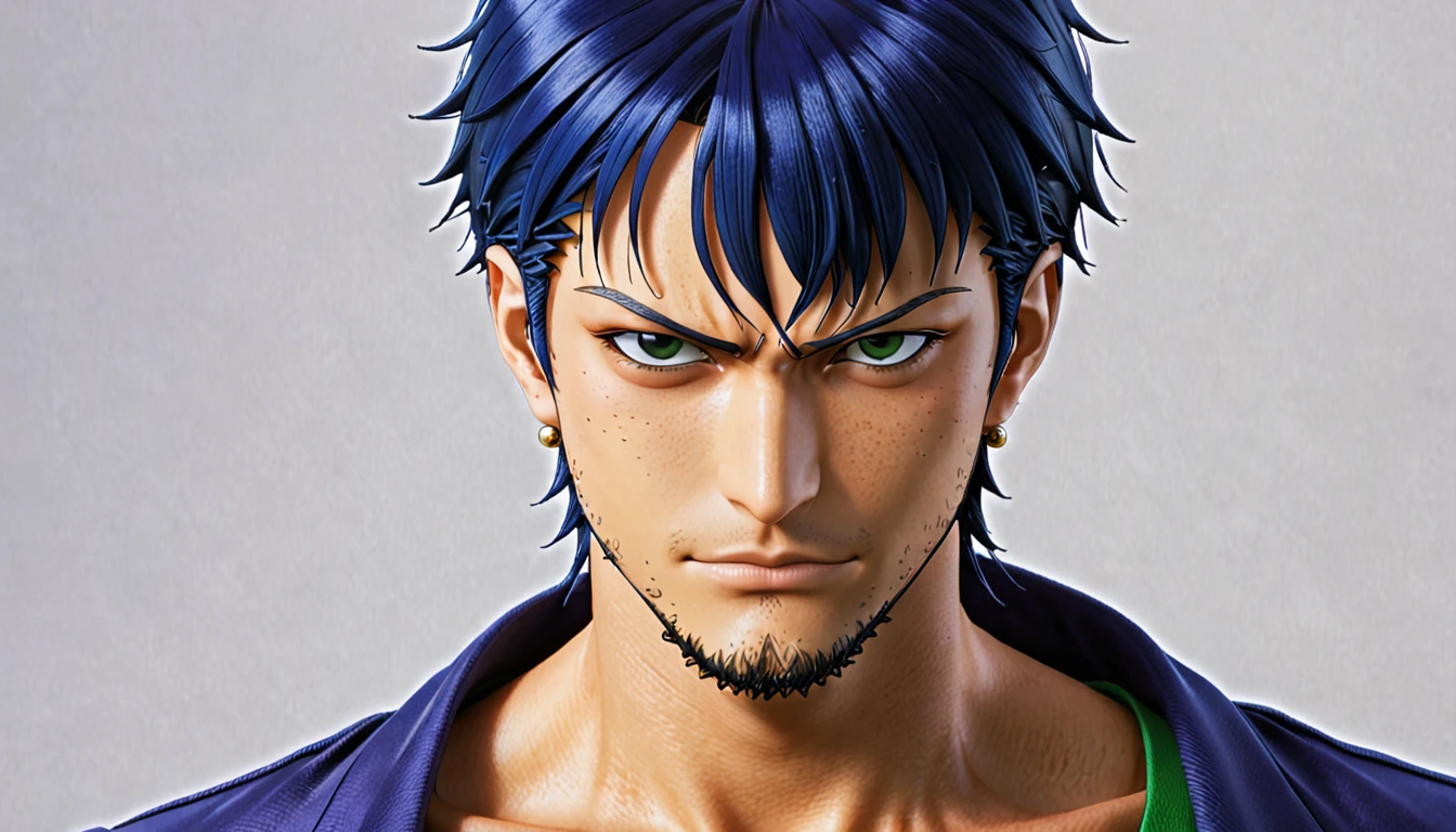 Short dark blue hair upright with zoro